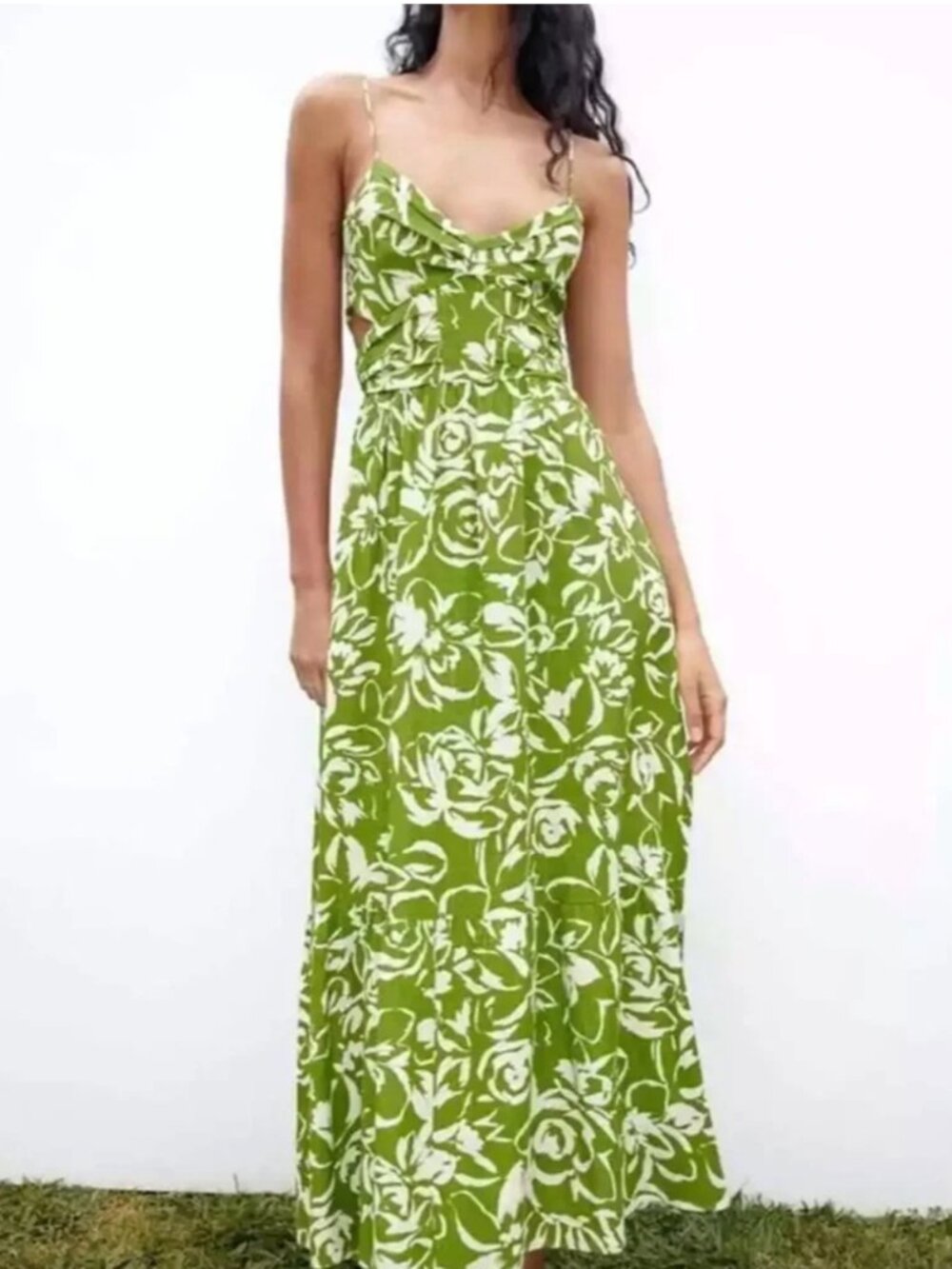 Zara Linen Floral Cutout Maxi Dress — Size XS | Green & White | Worn Once